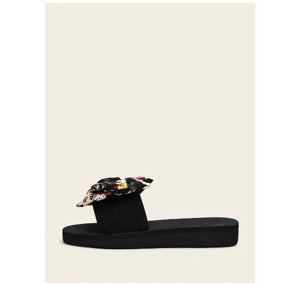 Floral Print Bow Decor Sandal Flat Women's Slides - Picture 2 of 5